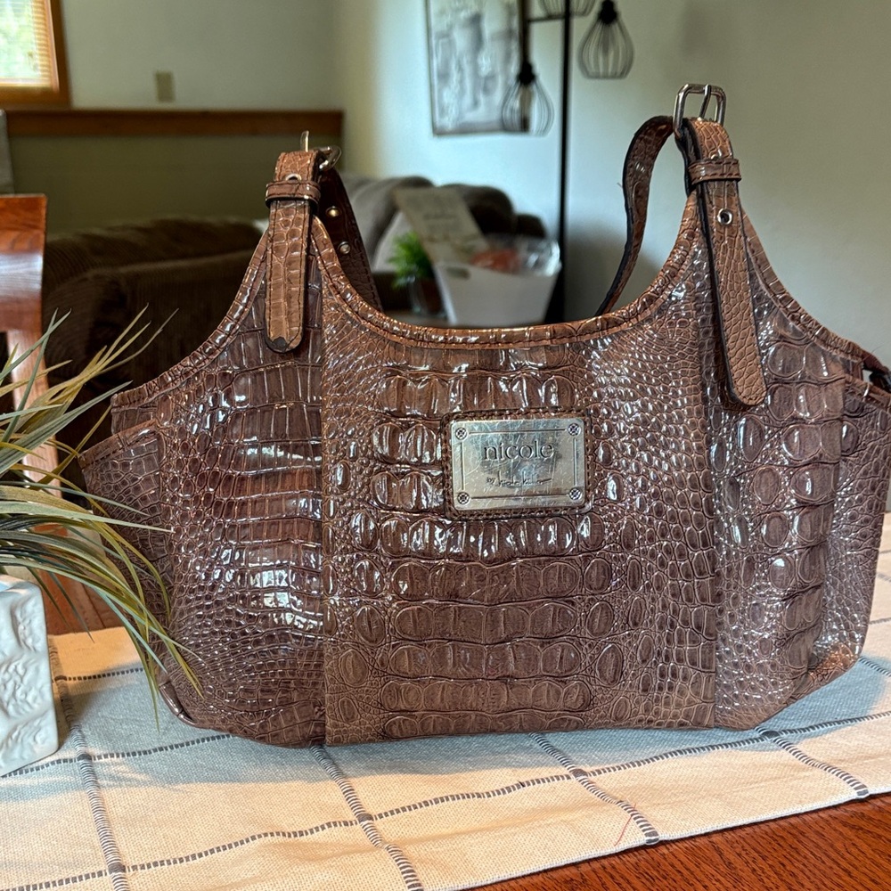 Nicole Miller Crocodile Embossed Brown Shoulder Bag